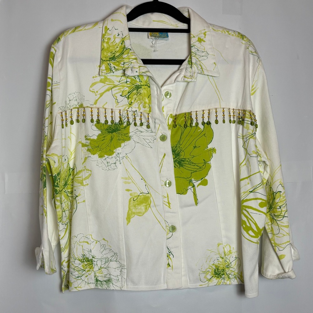 SeaSuns Womens XL White Lime Green Floral Beaded Fringe Button Up Shirt USA Made